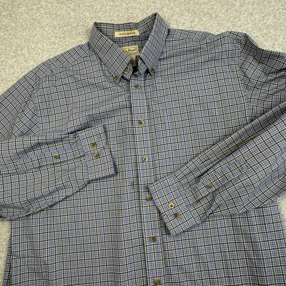 LL Bean Wrinkle Resistant Plaid Dress Shirt Mens XL Tall Blue Casual Career